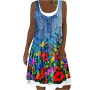 Gefälschtes zweiteiliges Imitat Jeanskleid Damen Lässiges Minikleid mit Blumendruck Ärmelloses Trägerkleid Skater Kleider A Linie Kleid Lockeres knielanges Freizeitkleid Urlaub Strandkleid Partykleid