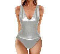 Gefomuofe Badeanzug Shape Damen Bodysuit Leder Jumpsuit Playsuit Festival Outfit Body Bauchweg Kostüm Rave Party Schwimmanzug Schwimmenrücken Wetlook Sportbody