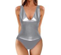 Gefomuofe Badeanzug Shape Damen Bodysuit Leder Jumpsuit Playsuit Festival Outfit Body Bauchweg Kostüm Rave Party Schwimmanzug Schwimmenrücken Wetlook Sportbody