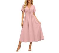 Gefomuofe Baumwollkleid Damen Sommer V-Ausschnitt Loose Fit Einfarbiges Maxikleid Strandkleid Casual Alltagskleid Bequemes Leichtes Sommeroutfit Oversize Shirtkleid Luftiges Freizeitkleid