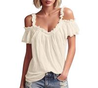 Gefomuofe Bluse Damen Elegant Sexy V-Ausschnitt Boho Bluse Sommer Chiffon Damenblusen Rüschenärmel Cold Shoulder Y2K Oberteil Leicht Schulterfreies Cami Shirts Sommerbluse