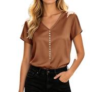 Gefomuofe Blusen Damen Kurze Casual Tee Shirts Baumwolle Leicht Sommertops Körper dehnbar Longbluse Boho Oberteile für Alltag Urlaub Strand Elegante Satinbluse