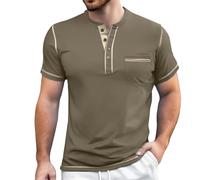 Gefomuofe Business Outfits Herren Kurzarm Henley Shirt Slim Fit Vintage Poloshirt Ohne Kragen Elegant Tshirt mit Brusttasche Knopfleiste Zweifarbig Sommerhemd