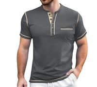 Gefomuofe Business Outfits Herren Kurzarm Henley Shirt Slim Fit Vintage Poloshirt Ohne Kragen Elegant Tshirt mit Brusttasche Knopfleiste Zweifarbig Sommerhemd