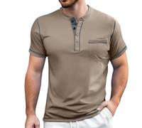Gefomuofe Business Outfits Herren Kurzarm Henley Shirt Slim Fit Vintage Poloshirt Ohne Kragen Elegant Tshirt mit Brusttasche Knopfleiste Zweifarbig Sommerhemd