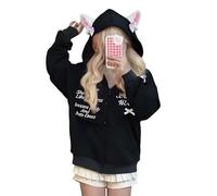 Gefomuofe Cat Ear Hoodie Damen Kawaii Sweatshirt mit Buchstabendruck Reißverschluss Harajuku Streetwear Pullover Outfit Kapuzenpullover Sportswear Outdoor Jacke