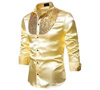 Gefomuofe Glitzerhemd Herren Langärmlig Party Hemd mit Pailletten Reverskragen Langarmhemd Satin Businesshemd Druckknöpfen Frezeithemd Mottoparty Karneval Kostüm