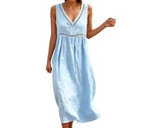 Gefomuofe Hemdkleid Damen V Ausschnitt Locker Luftig Maxikleid Boho Kleid Elegant Strandkleid Freizeitkleid Casual Urlaub Weites Kleid Shirtkleider Leicht Etuikleid