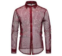 Gefomuofe Herren Transparente Hemd Durchsichtiges Oberteil Netz Poloshirt Mesh Shirt Hemden Nachtclub Performance Kostüme Rave Langarmshirt Muskel See-Through Top