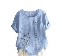 Gefomuofe Leinenbluse Damen Sommer Baumwolle Leinen Shirt Elegante Kurzarm Blusen Frauen Longshirt Oversized Tee T-Shirt Freizeit Longbluse Bedrucken Blusenshirt