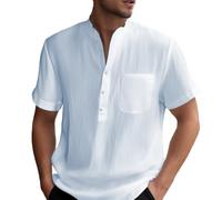 Gefomuofe Leinenhemd Herren Kurzarm Hemd Henley Sommerhemd Button Down Regular Fit Freizeithemden Sommer Strand Leinen Shirt Kurzarm Stehkragen Leinenshirt Beach Casual Shirt Standhemd
