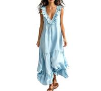 Gefomuofe Leinenkleider Damen Sommer A Linie Musselin Kleid V Ausschnitt Ärmellos Sommerkleider Leicht Und Luftig Maxikleid Rüschen Locker Strandkleid Rüschenkleid