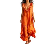 Gefomuofe Leinenkleider Damen Sommer A Linie Musselin Kleid V Ausschnitt Ärmellos Sommerkleider Leicht Und Luftig Maxikleid Rüschen Locker Strandkleid Rüschenkleid