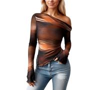 Gefomuofe Skiny Unterhemden Damen Off Shoulder Langarmshirt Elegant Stretch Pullover Tie-Dye Langarm Tshirts Crop Top Asymmetrischer Oberteil Bedruckt Freizeitshirt