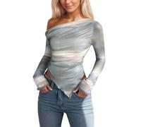 Gefomuofe Skiny Unterhemden Damen Off Shoulder Langarmshirt Elegant Stretch Pullover Tie-Dye Langarm Tshirts Crop Top Asymmetrischer Oberteil Bedruckt Freizeitshirt
