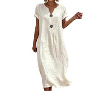 Gefomuofe Sommerkleid Damen Strandkleid Midi Sommerkleid Elegant Kleid Sommer Halbarm Locker Damenkleider Lang V Ausschnitt Leinenkleider Knopf Freizeitkleid
