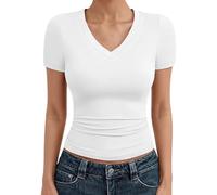 Gefomuofe T-Shirts Damen V-Ausschnitt Sommer Basic Top Slim Fit Stretch Oberteil Sexy Kurzarm Shirt Gerippt Tshirt Basic Casual Top Lässig Rippshirt Freizeitshirts