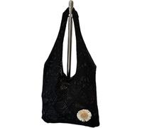 Gehäkelte Tasche mit Blumenmuster, Strand-Ästhetik, gestrickte Schultertasche for Damen, ideal for Reisen und Urlaub(Black)