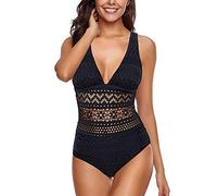 Gehäkelter Einteiliger Spitze Badeanzug mit Polsterung Damen Netzartiger Figurformender One Piece Bademode Bandeau Monokini Bikini Retro Tankini Swimwear Swimsuit Schlankheits Schwimmanzug
