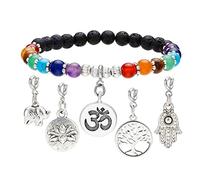 GEHECRST 7 Chakra Lavastein Armband Mit Lebensbaum, Hamsa Hand, OM, Elefant, Lotus Anhänger - Yoga Healing Reiki Energietherapie Glückbringen