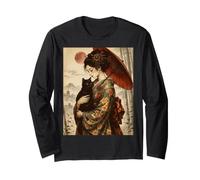 Geisha mit Regenschirm und schwarzer Katze, japanische Vintage-Kunst Langarmshirt