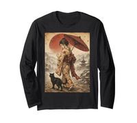 Geisha mit rotem Regenschirm und schwarzer Katze, japanische Mondkunst Langarmshirt