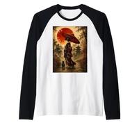 Geisha mit rotem Regenschirm und schwarzer Katze, Japanisches Mond-Kunstwerk Raglan