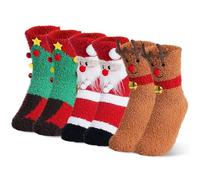 GEKMOR Christmas socks Christmas fluffy socks, 3 pairs of Christmas socks, women's slipper socks, fluffy socks, winter, warm, colorful socks with Santa Claus, elk and Christmas tree