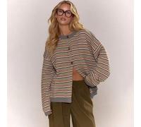 Geknöpfter, überschnittener gestreifter Strickjacke, süß, cool, gemütlich für Herbst, Winter, Alltag, Clean Girl Lässig, Weihnachten, Cottage Core, Ol