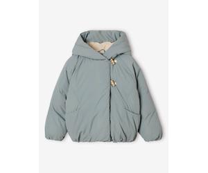 Gekreuzte Steppjacke mit Teddyfleece-Kapuze für Mädchen graugrün Gr. 98/104 von vertbaudet