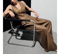 Gelb-Grün Olive Farbserie Seidensatin Glanz Ärmellose Figurbetonte Weste Mit Hochbund Weite-Bein-Hose Anzug 2 Stücke Set, Metall Dekorative Schnalle,