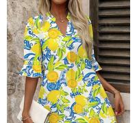 Gelbes kurzes Kleid mit Zitronen Muster für den Sommer, Sommerkleider für Frauen, Urlaubskleid, Sommeroutfits für Frauen, elegante Outfits für Frauen,