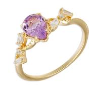 Gelbgold 14K Au585 Echte Eheringe mit Tropfen Lila Amethyst, Träne 585 Gold Antragsring Moissanit Gr.48 (15.3)