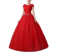GELing Damen Hochzeitskleid Brautkleid Runde Ausschnitt Kurzarm Lange Spitzen Abendkleider Rot EU 34