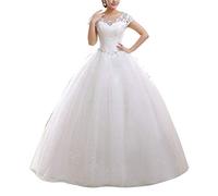 GELing Damen Hochzeitskleid Brautkleid Runde Ausschnitt Kurzarm Lange Spitzen Abendkleider Weiß EU 40