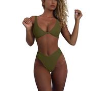 geluboao Badesachen, Badebekleidung, Bikini-Set für Damen, Solider V-Ausschnitt, Knoten, vorne, Push-Up, hohes Bein, Zweiteiliger Badeanzug, Grün (Army Green), Large