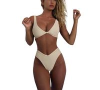 geluboao Bikini-Set für Damen, Badesachen, Badebekleidung, einfarbig, V-Ausschnitt, Knoten, vorne, Push-Up, hoher Beinschnitt, Tanga, Zweiteiliger Badeanzug, Aprikose, Large