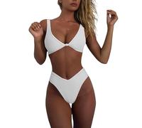 geluboao Bikini-Set für Damen, einfarbig, V-Ausschnitt, Knoten, vorne, Push-Up, hoher Beinschnitt, Tanga, Zweiteiliger Badeanzug, Weiss/opulenter Garten, Medium