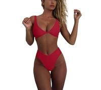 geluboao Bikini-Set für Damen, einfarbig, V-Ausschnitt, Knoten, vorne, Push-Up, hoher Beinschnitt, Tanga, Zweiteiliger Badeanzug, Rot/Ausflug, einfarbig (Getaway Solids), Medium