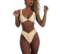 geluboao Bikini-Set für Damen, einfarbig, V-Ausschnitt, Knoten, vorne, Push-Up, hoher Beinschnitt, Tanga, Zweiteiliger Badeanzug, Aprikosenblüten, S