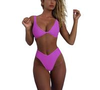geluboao Bikini-Set für Damen, einfarbig, V-Ausschnitt, Knoten, vorne, Push-Up, hoher Beinschnitt, Tanga, Zweiteiliger Badeanzug, Violett, Medium