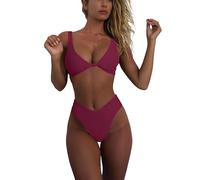 geluboao Bikini-Set für Damen, einfarbig, V-Ausschnitt, Knoten, vorne, Push-Up, hoher Beinschnitt, Tanga, Zweiteiliger Badeanzug, Weinrot, Medium