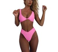 geluboao Bikini-Set für Damen, einfarbig, V-Ausschnitt, Knoten, vorne, Push-Up, hoher Beinschnitt, Tanga, Zweiteiliger Badeanzug, Helles Pink, XX-Large