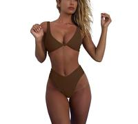 geluboao Bikini-Set für Damen, Solider V-Ausschnitt, Knoten, vorne, Push-Up, hohes Bein, Tanga, Zweiteiliger Badeanzug, Braun, XS