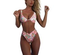 geluboao Bikini-Set für Damen, Solider V-Ausschnitt, Knoten, vorne, Push-Up, hohes Bein, Zweiteiliger Badeanzug, Mehrfarbig/Meereswellen (Ocean Tides), S