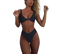 geluboao Damen-Bikini-Set, hohe Taille, sexy, V-Ausschnitt, Knoten, vorne, Push-Up, frecher, hoher Schnitt, Bikini, Zweiteiliger Badeanzug, Schwarz, Medium