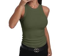 GEMBERA Ärmelloses Damen-Tanktop mit Racerback, hoher Ausschnitt, lässig, Basic-Baumwolle, gerippt, tailliertes Tanktop, Olivegreen, Klein