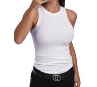 GEMBERA Ärmelloses Tanktop für Damen, Racerback, hoher Halsausschnitt, lässig, Baumwolle, gerippt, tailliert, Weiss/opulenter Garten, Klein