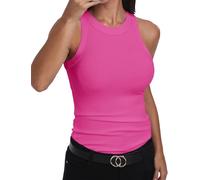 GEMBERA Ärmelloses Tanktop für Damen, Racerback, hoher Halsausschnitt, lässig, Baumwolle, gerippt, tailliert, hot pink, Klein