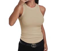 GEMBERA Ärmelloses Tanktop für Damen, Racerback, hoher Halsausschnitt, lässig, Baumwolle, gerippt, tailliert, Beige, Klein